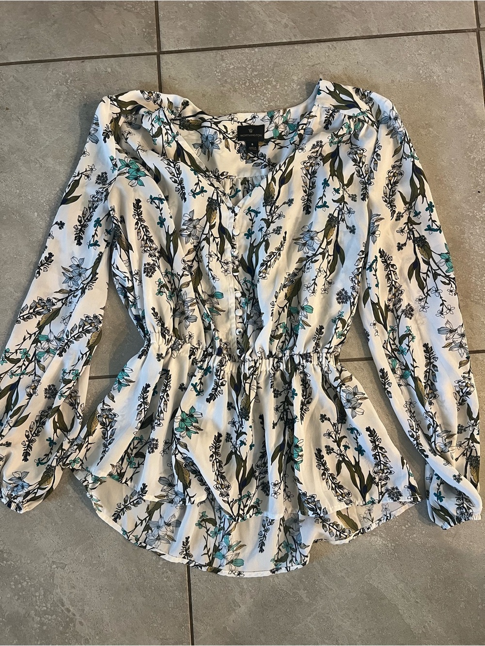 Worthington White Floral Button-Front Peplum Blouse with Teal Accents
